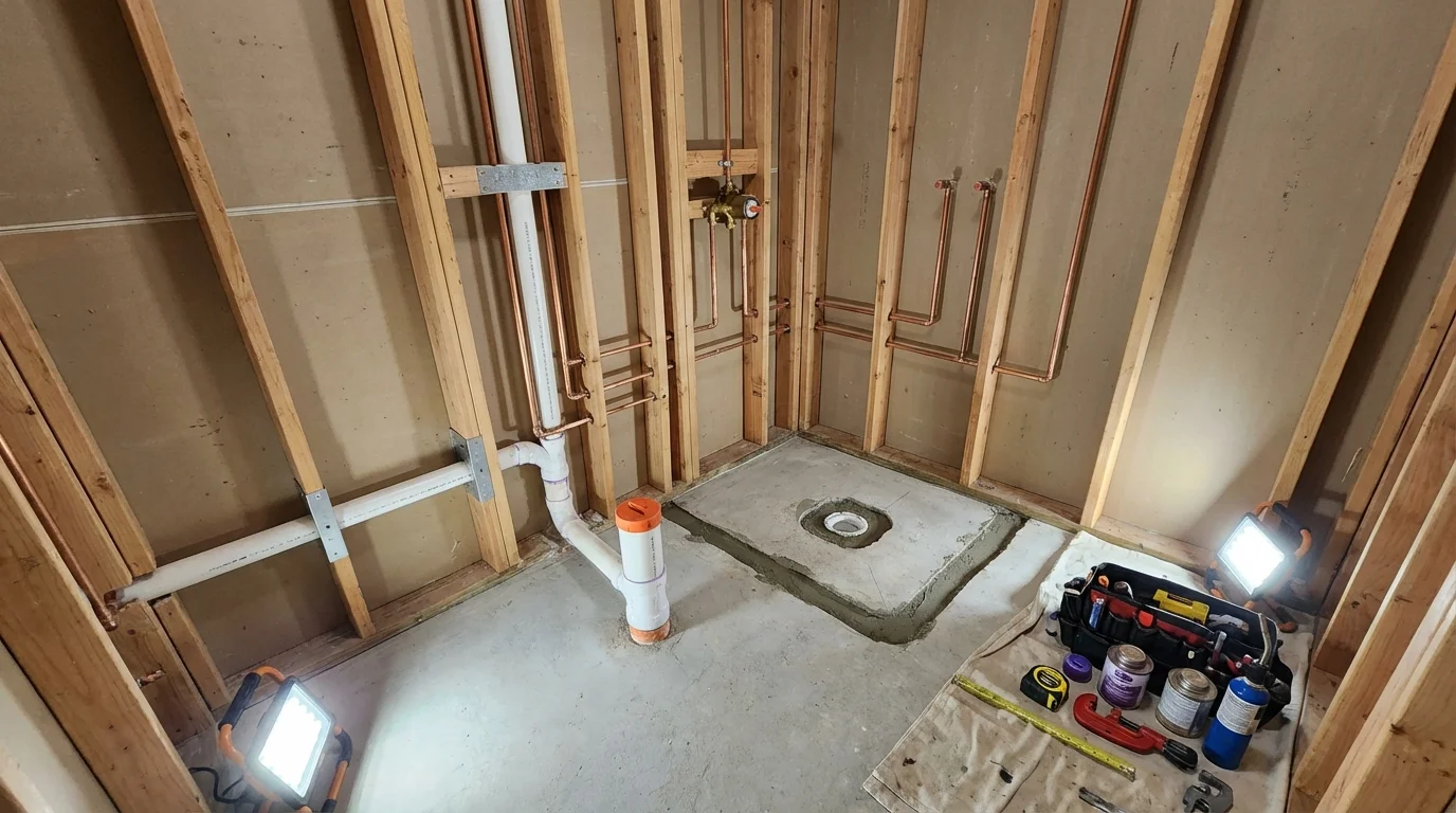 Bathroom rough-in plumbing during remodel by Johns Plumbing LLC in Worth