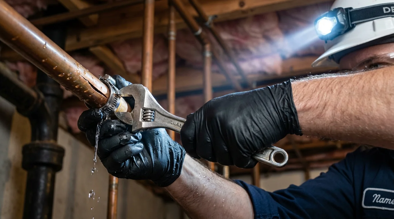Emergency pipe clamp repair being performed by a Johns Plumbing LLC plumber in Worth