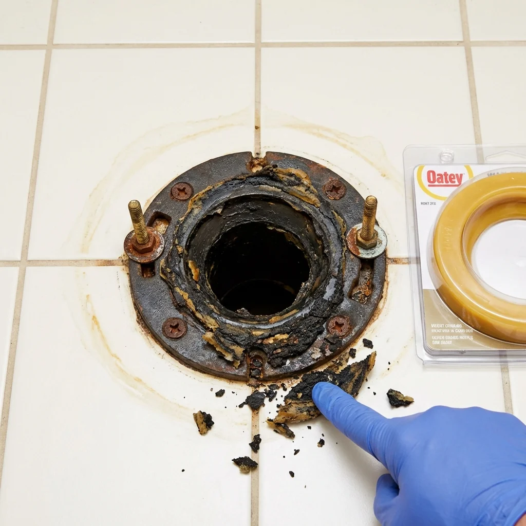 Failed wax ring showing water seepage at the base of a toilet in a Worth, IL home