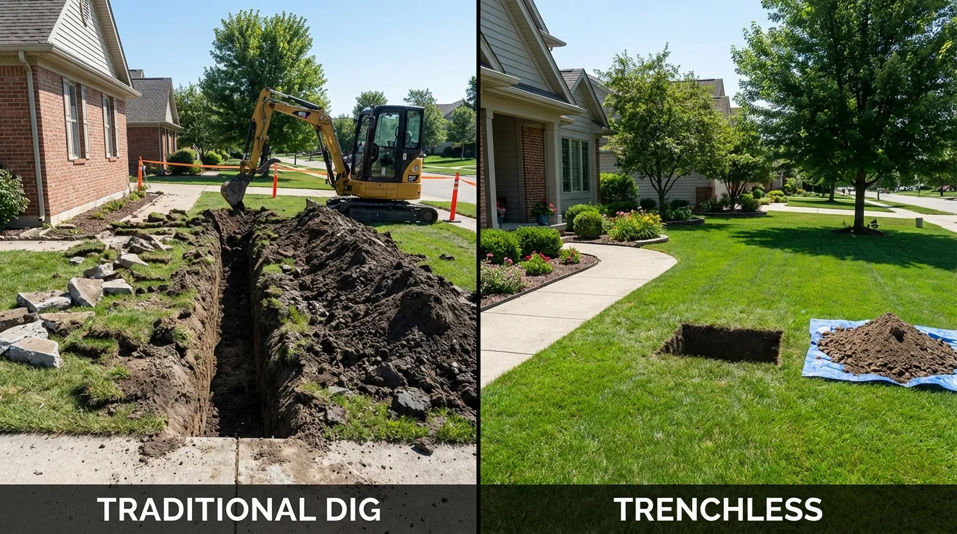 Trenchless sewer repair with minimal yard damage versus traditional excavation in Worth, IL